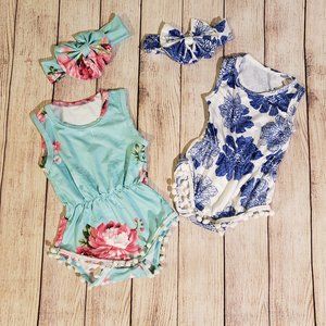 0-6m Set of 2 Floral Bodysuits+ Matching Headbands